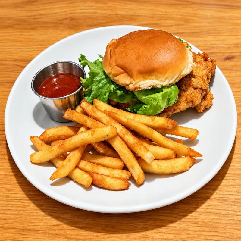 Crispy fried chicken sandwich with lettuce and fries