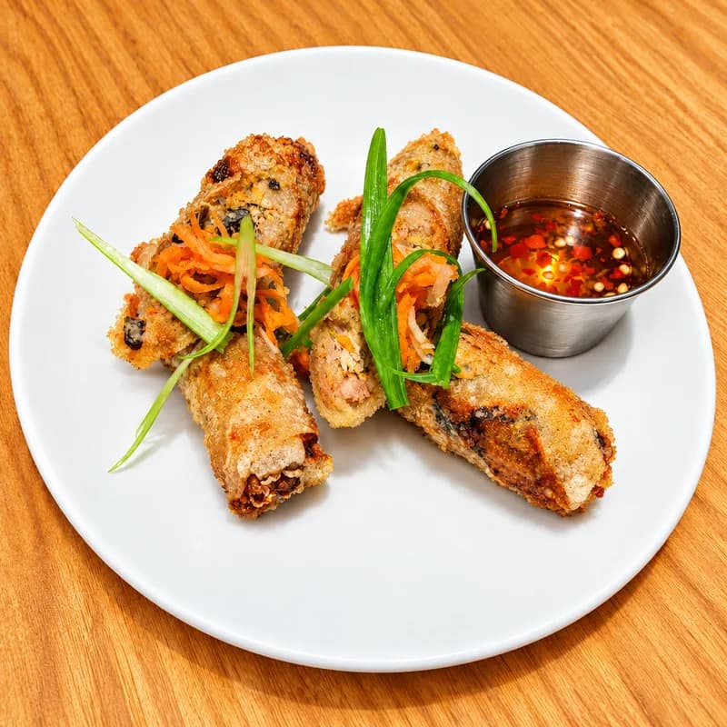 House egg rolls with sweet chili sauce and scallion