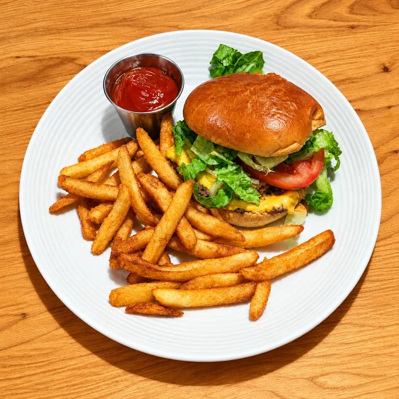 House burger with two smashed patties, cheese and fries